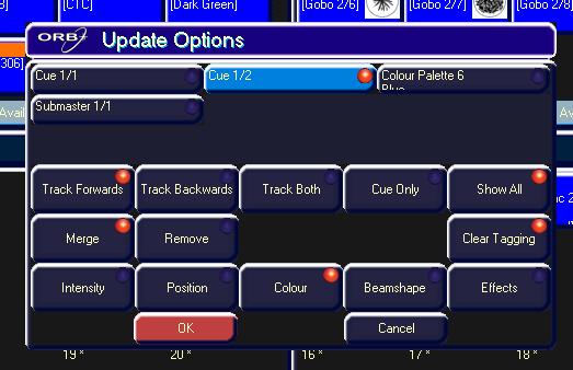 Updating Updating Update Options Window After setting up data in the programmer and pressing the UPDATE key, or after loading an item (cue, palette, submaster or UDK) into the programmer, adjusting