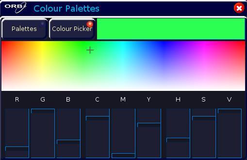 Clicking in the Colour Picker (or touching on a touchscreen/remote monitor) will set the Colour of the selected fixture to the value pressed, Moving the on-screen sliders will adjust their levels