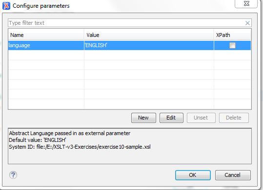 If supplied in the XSLT code, the name of a parameter and its default value will