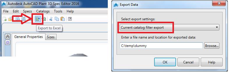 10. Select the Export to Excel button to save the current catalog filter to Excel so that we can make a modification that will allow editing of the dummy parameters once inserted in the model.