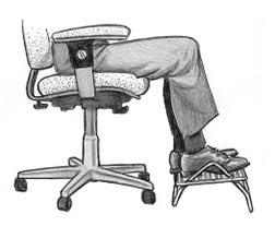 Footrests When you sit in a properly adjusted chair your feet should be flat on the floor. If not, support them with an angled (no more than 30 degrees) footrest that doesn t restrict leg movement.