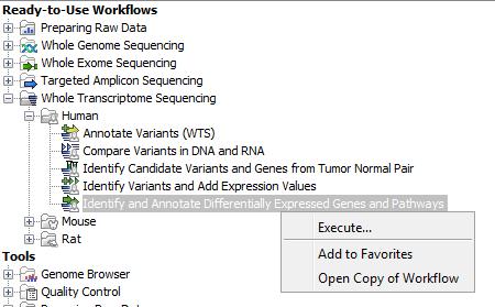 RNA-Seq Analysis of Breast Cancer Data 9 Ready-to-use Workflows In this part, we will learn about using a ready-to-use workflow to identify and annotate differentially expressed genes and pathways