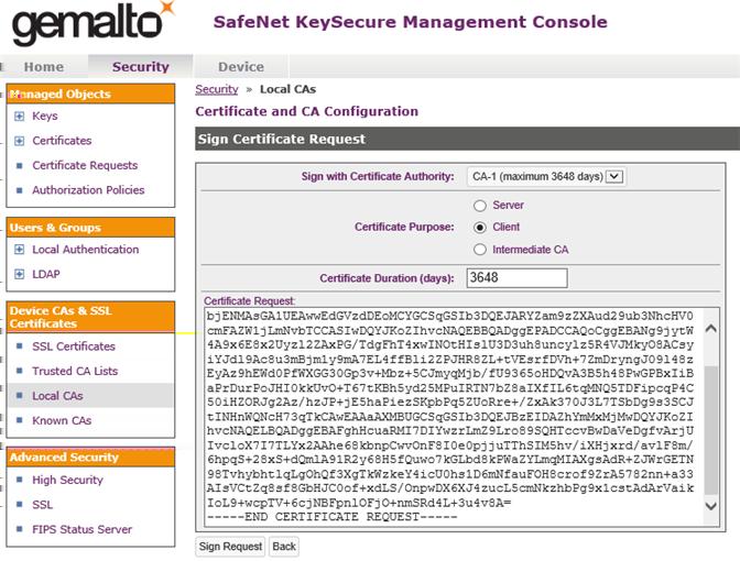 DD OS and Gemalto KeySecure Integration b. Click Sign Request. c.