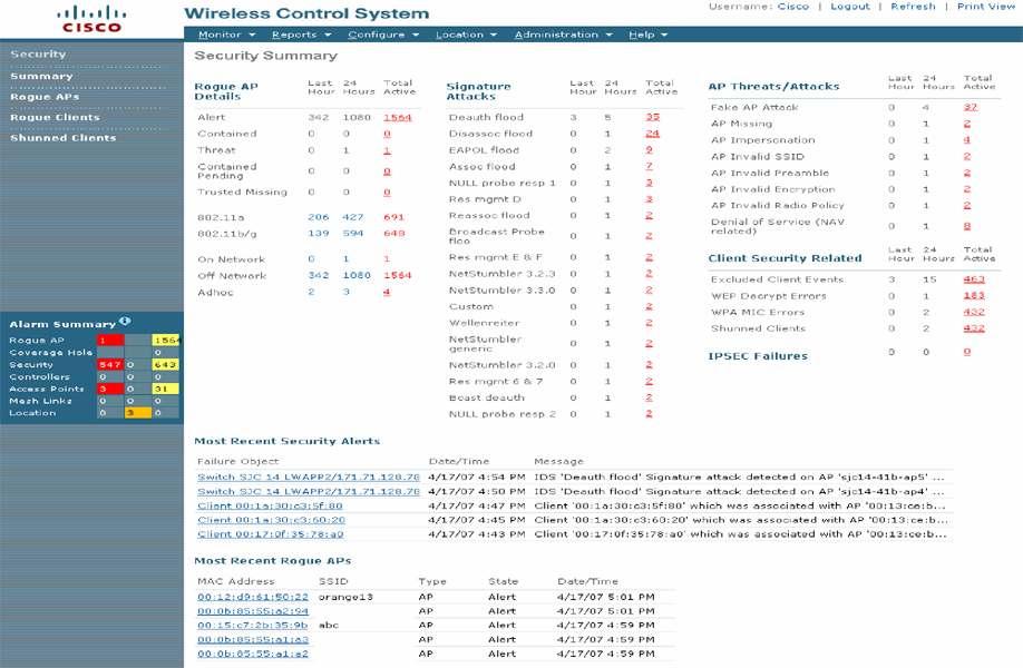 Wireless Security and Network Protection Cisco WCS provides a full suite of tools for managing and enforcing security policies within a Cisco wireless infrastructure.