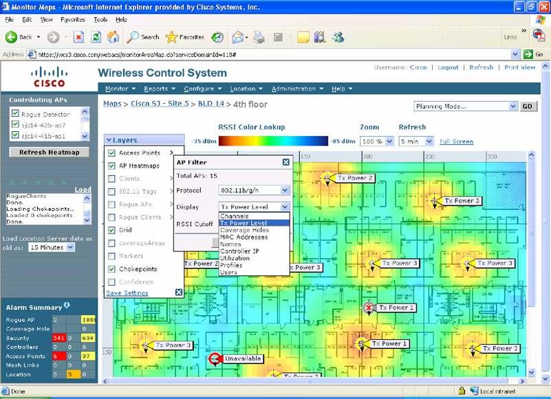 Network Monitoring Cisco WCS provides tools that enable IT managers to visualize the layout of their wireless network and monitor ongoing WLAN performance.