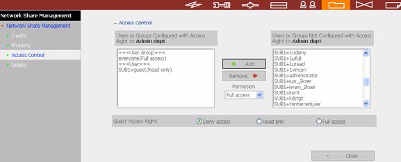 4. Go to Access Control in Network Share Management to configure the access control right of domain users for all available