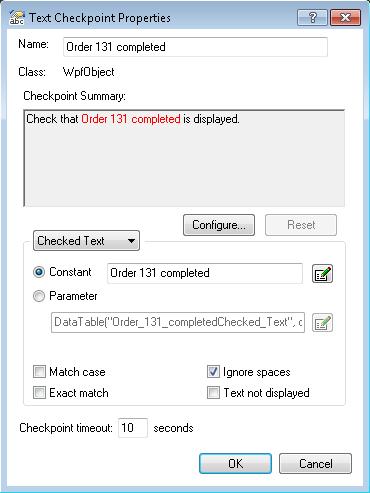 Lesson 6: Creating checkpoints and output values d. In the Text Checkpoint object selection dialog box, select the WpfObject: Order # Completed object and click OK.