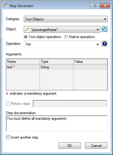 Create and running automated GUI tests The Step Generator displays the default options for the passengername object: g.