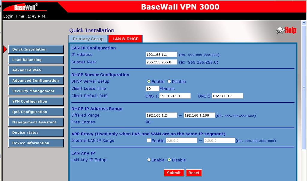 8. Select LAN & DHCP from the menu. You will see a screen like the example below. Figure 2-3: LAN & DHCP Setup 9.