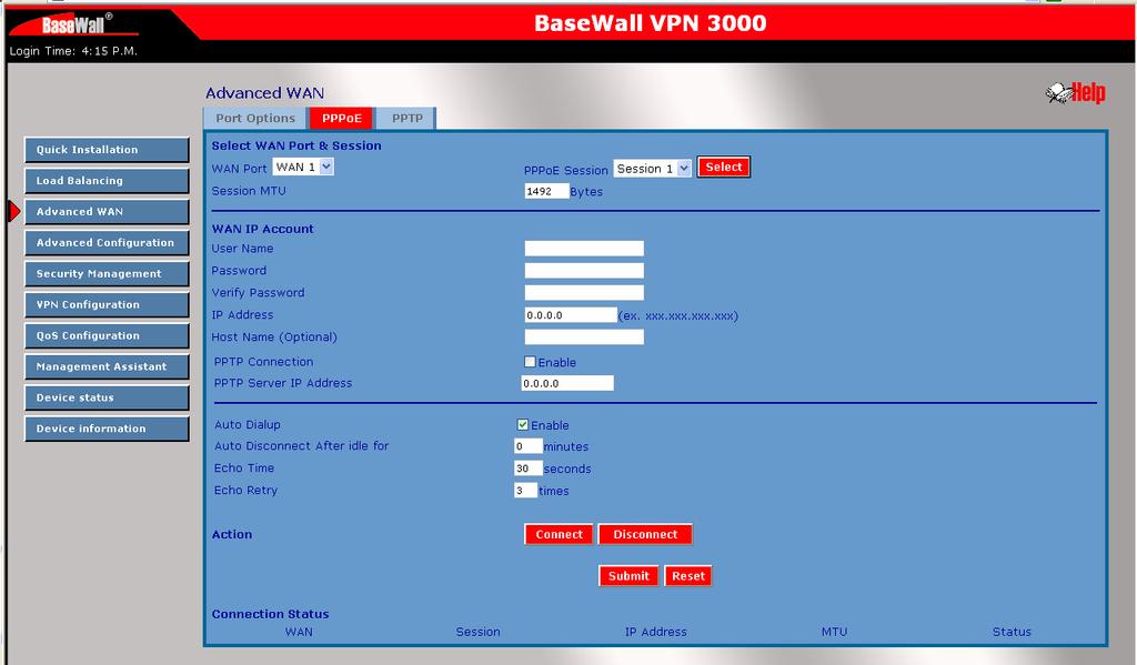 The screen is required in order to use multiple PPPoE sessions on the same WAN port. It can also be used to manually connect or disconnect a PPPoE session.