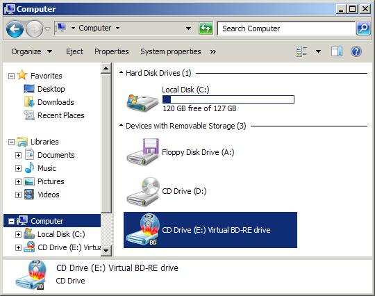 Virtual CD TS Installation Use the new drive Once the drive has been registered in your computer, it is available for use. In the above example, we created a virtual burner.