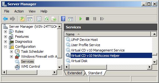 Virtual CD TS v10 Manual Select the Virtual CD v10 NetAccess Helper service Now open the Server Manager, select Services and find the Virtual CD v10 NetAccess Helper.