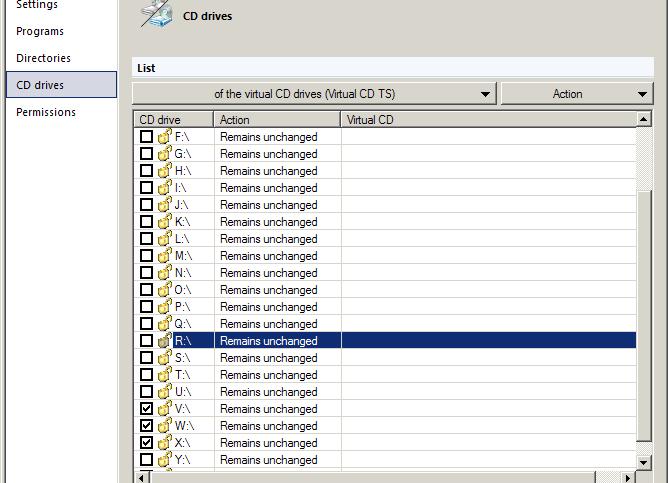 Virtual CD TS Working with Virtual CD TS Define virtual drives Open the CD Drives page and map V:, W: and X: as virtual CD drives by putting a checkmark (i.e., by clicking) in the boxes next to these drive letters.