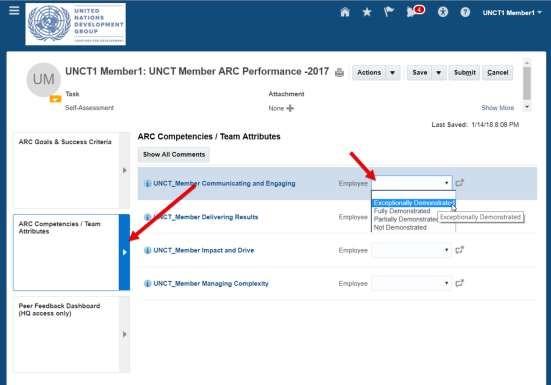 14. Next, after you have completed this section, click the right arrow for the ARC Competencies / Team Attributes section.