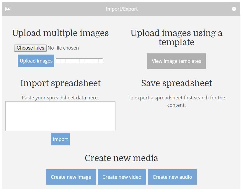A bulk update of the metadata associated with images can be achieved via spreadsheet.