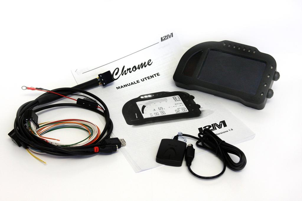 Box content In the Chrome box you will find: - Chrome dashboard - 10 Hz GPS receiver - standard wire harness with GPS input and USB output (additional plug&play board, if included) - connectorized