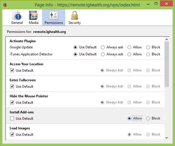 V. Under the Permissions -> Install Add-ons section, uncheck Use Default and click the Allow radio