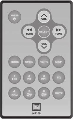 Control Locations - Remote 1 2 3 4 5 6 18 7 17 8 16 9 15 10 14 11 13 12 1 Power 10 EQ 2 Tune / Track Down 11 Preset 6 / Folder Up 3 Volume Up 12 Mute 4 Select 13 Preset