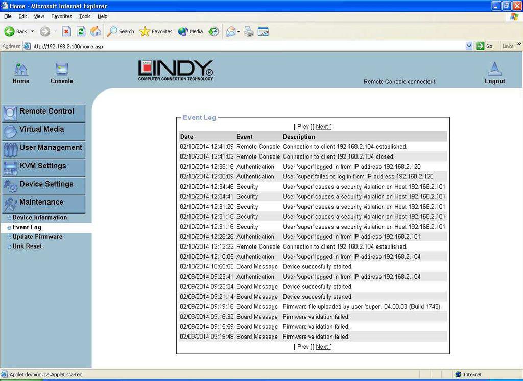 5.7.6. Maintenance Device Information Event Log Displays the log list including the events that are logged by the U8/16-IP.