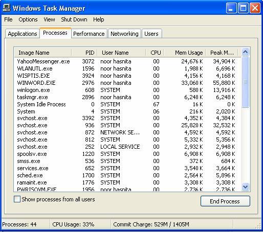 CLIENT OPERATING SYSTEM.2.2 Monitor Processes All the current running processes of a system can be viewed by selecting the process tab of the Windows Task Manager.
