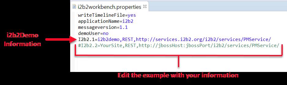3. The properties file will open. Editing the i2b2workbench.properties file The last two lines of the i2b2workbench.properties file contain information about the location of the hive.