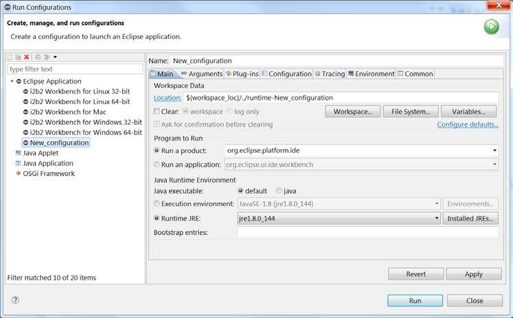 Setting up a new configuration 1. In the Run Configurations window, double click on Eclipse Application or in the Run Configurations toolbar click on the New button. 2. The following will occur: a.