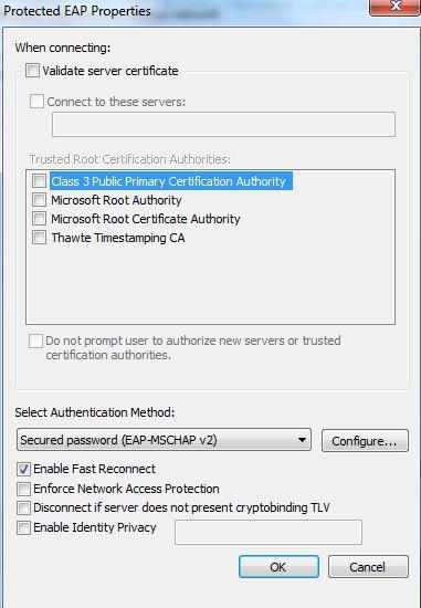 8. Click Setting for Microsoft Protected EAP (PEAP) DESELECT Validate Server Certificate For
