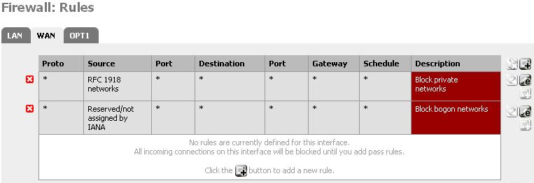 Click on the LAN tab to view the LAN rules. By default, this is only the Default LAN -> any rule. Rules for other interfaces may be viewed by clicking their respective tabs.