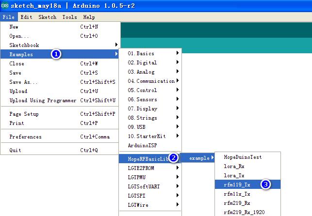 Open Arduino IDE interface, Click File Examples HopeRFBasicLib example rfm219_rx,as