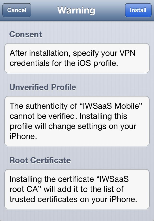 4. Tap Install. If the mobile device is PIN-protected, supply the necessary information. 5. Tap Done.