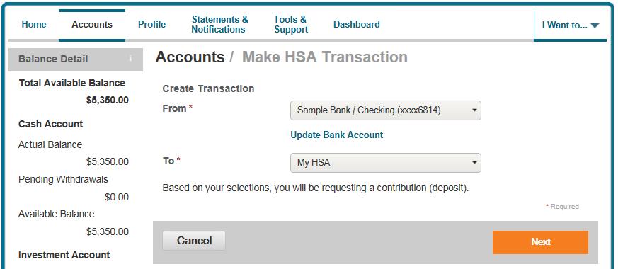 To contribute to your HSA you must first provide your bank account information. If you have not added your bank account, select Add Bank Account and follow the steps outlined later in this guide.