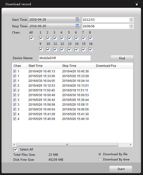 Figure 2. 10 Download by File Download by Time 1. Set the start time and stop time, and select the camera(s) you want to download video files. Note: The time range should be no more than one day. 2. Click Find to search the matched video files and you can check the total size of the searched files in Total Files Size.