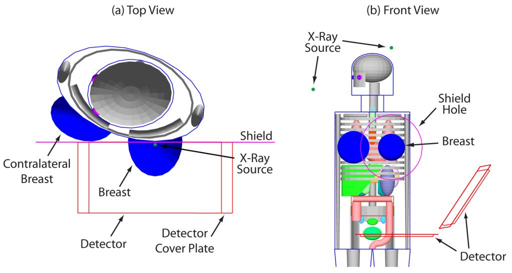 Figure 4.1(a) Top view and (b) front view of the DBCT simulation.