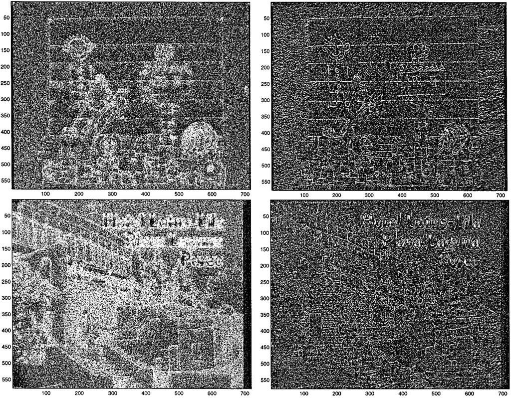 Fig. 6. Top: Magnitude (left) and sign (right) of the prediction error of the test image Board. Bottom: Magnitude (left) and sign (right) of the prediction error of the test image Hotel.