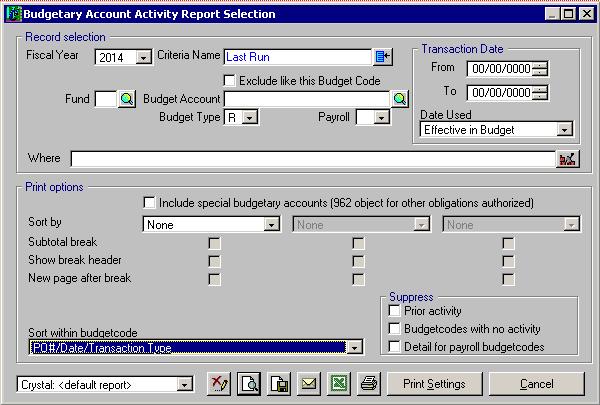 Account Activity Report Reports Budget Budgetary Account Activity Report OR toolbar.