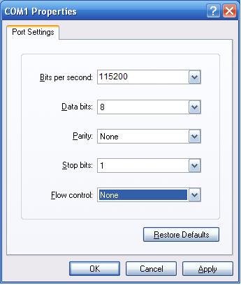 2. When the following screen appears, make sure that the COM port should be configured as: Baud : 115200 Parity :