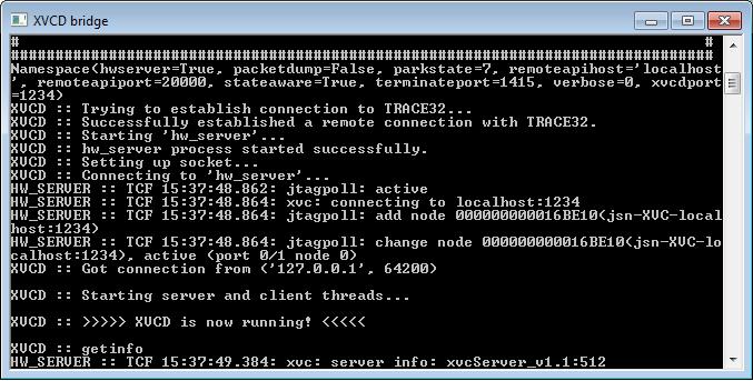 4. Click the black HW button to start the HW server and the XVCD bridge. The XVCD bridge terminal window opens, displaying the current status of the bridge.
