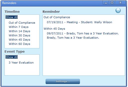 Reminders If you have a student with an upcoming compliance due date, the Reminders window will appear when you log in to Acuity 504.