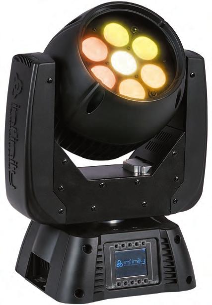 This wash light is equipped with seven 20W RGBW Osram LEDs, which offer a wide range of colors and superior color mixing with a seamless zoom function of 7 to 50.