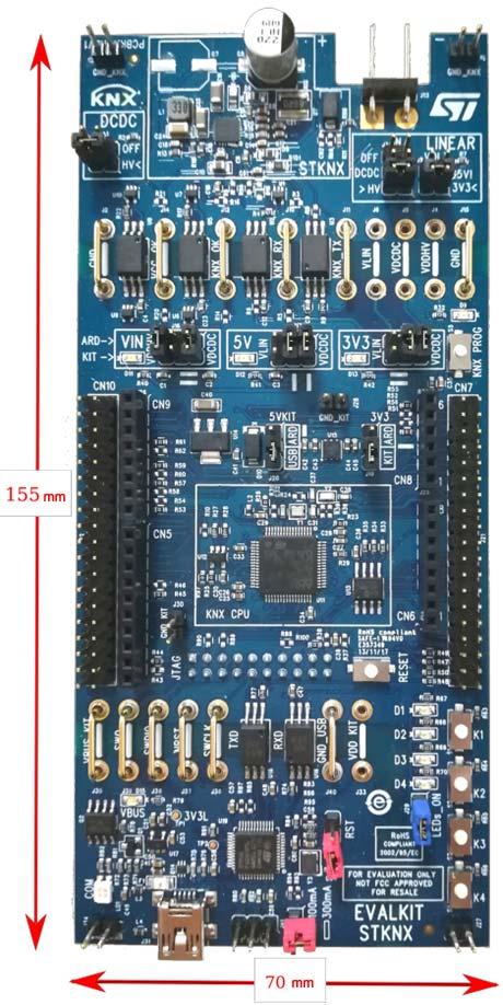 Miniature transceiver STKNX evaluation and development kit Data brief Features Full KNX twisted pair device development kit based on the STKNX miniature transceiver Controlled by STM32F103