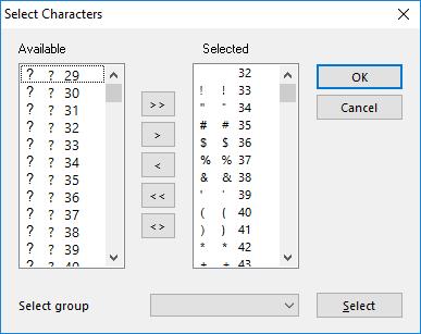 Symbol Description Available Characters that can be added Selected Characters already added >> Add all the characters that can be
