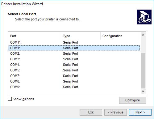 4-1-2 Local Port 1) Select the printer model and the local port to which your printer is connected. Function Show all ports Configure Description display all available ports on the system.