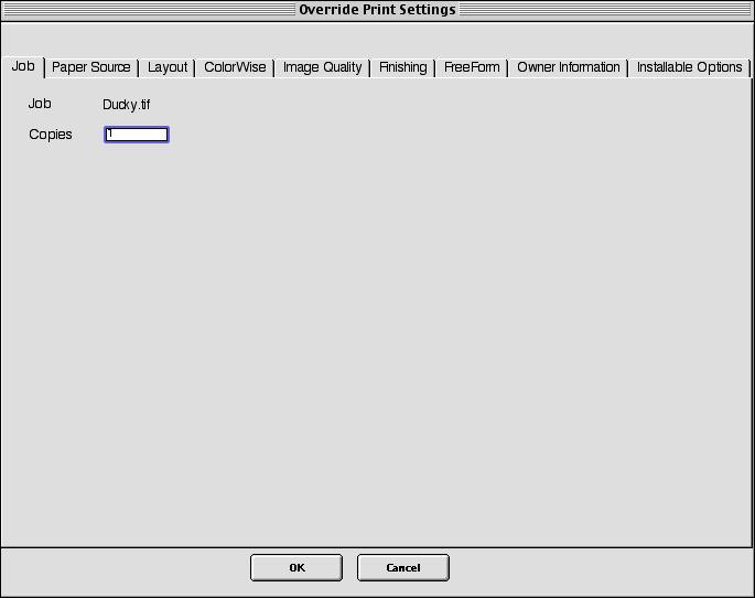 FIERY SPOOLER 46 Overriding job option settings To change the job options of a job, select the job and choose Override Print Settings from the Job menu.