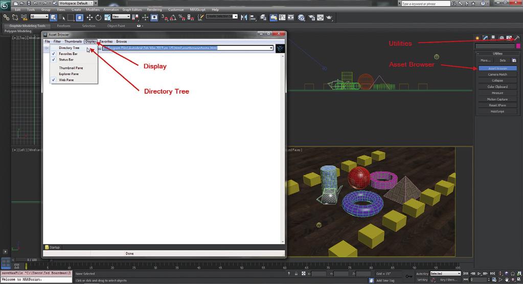 Getting Started in 3D with 3ds Max 2. In the Utilities panel, Utilities rollout, click the Asset Browser button to open an empty Asset Browser dialog.