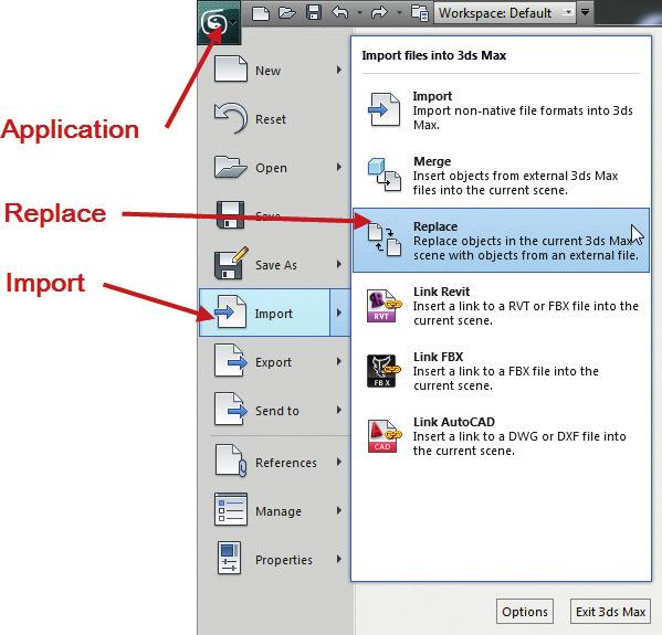 Scene Assembly FIG 4-8 The Replace command is found in the Import menu. 3.