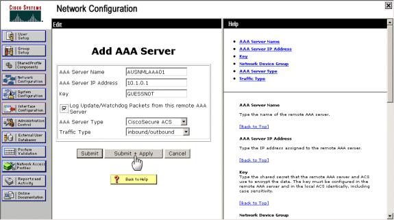 Enter values for the primary ACS server, and then click Submit + Apply.