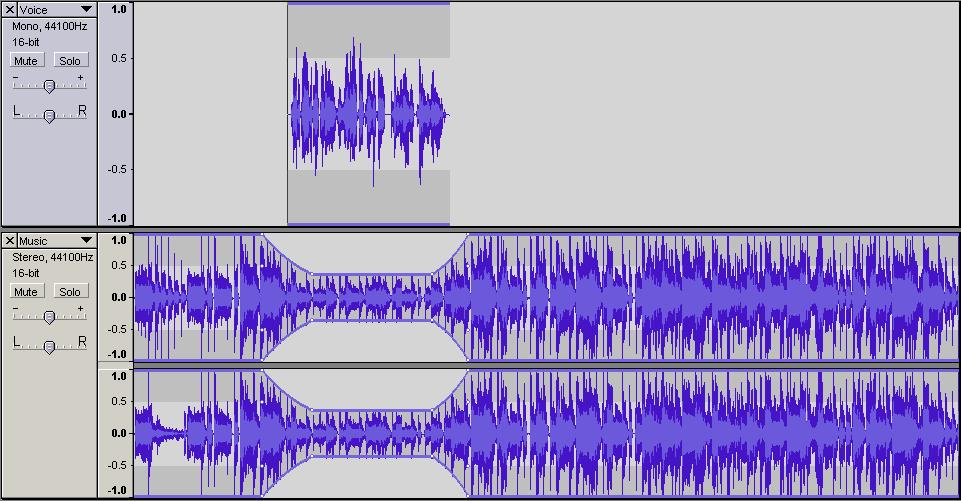 Activating the Envelope tool makes each track s volume envelope visible (in this example, both tracks are at 100% volume, so both volume envelopes are horizontal lines).
