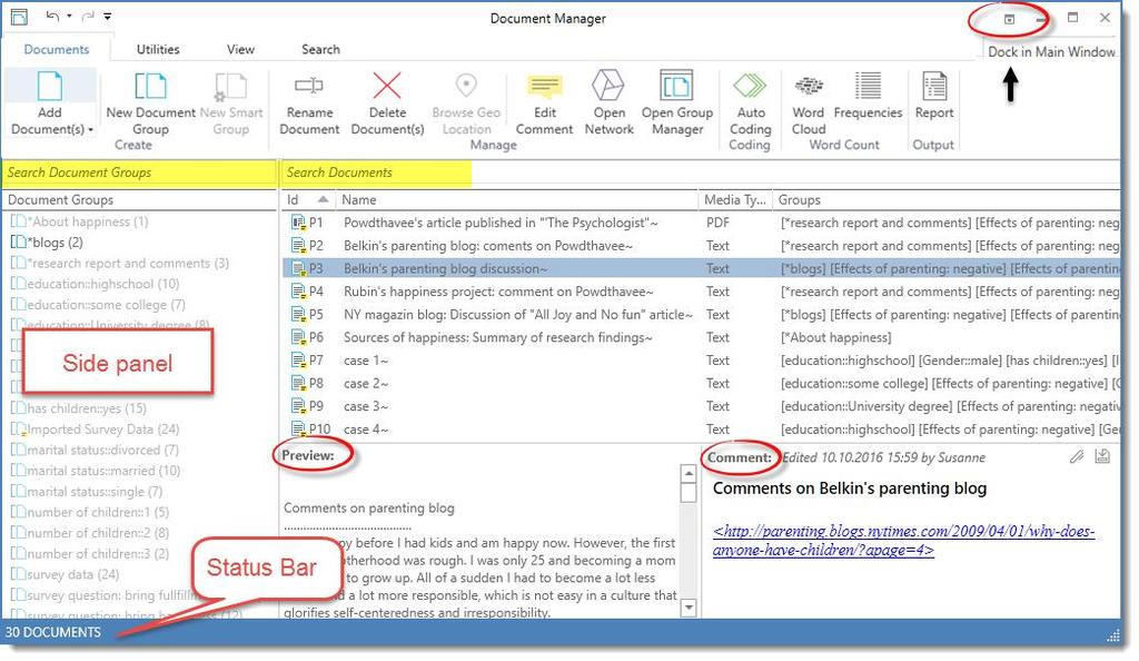 38 Figure 32: Document Manager Another common element is the side panel on the left-hand side, which can be used to quickly access and filter the elements listed in the managers via groups.