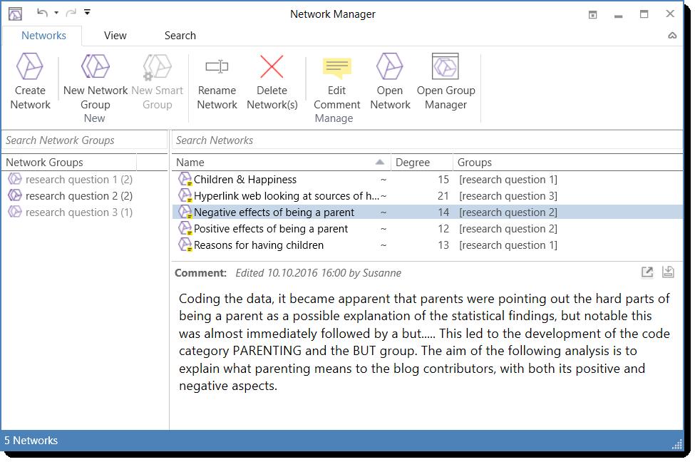 50 Figure 44: Network Manager Single-click selects a network. The comment of the network is displayed in the pane at the bottom of the window.