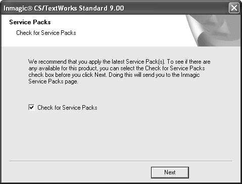 17. Service Packs. Optionally select or deselect the Check for Service Packs check box. If selected, your browser will launch and connect you to the Inmagic Service Pack page. 18.